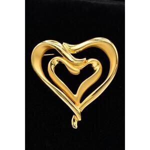 Vintage Heart Pin Brooch Brushed Gold Heavy Chunky Love Valentine's 1980s BinAL